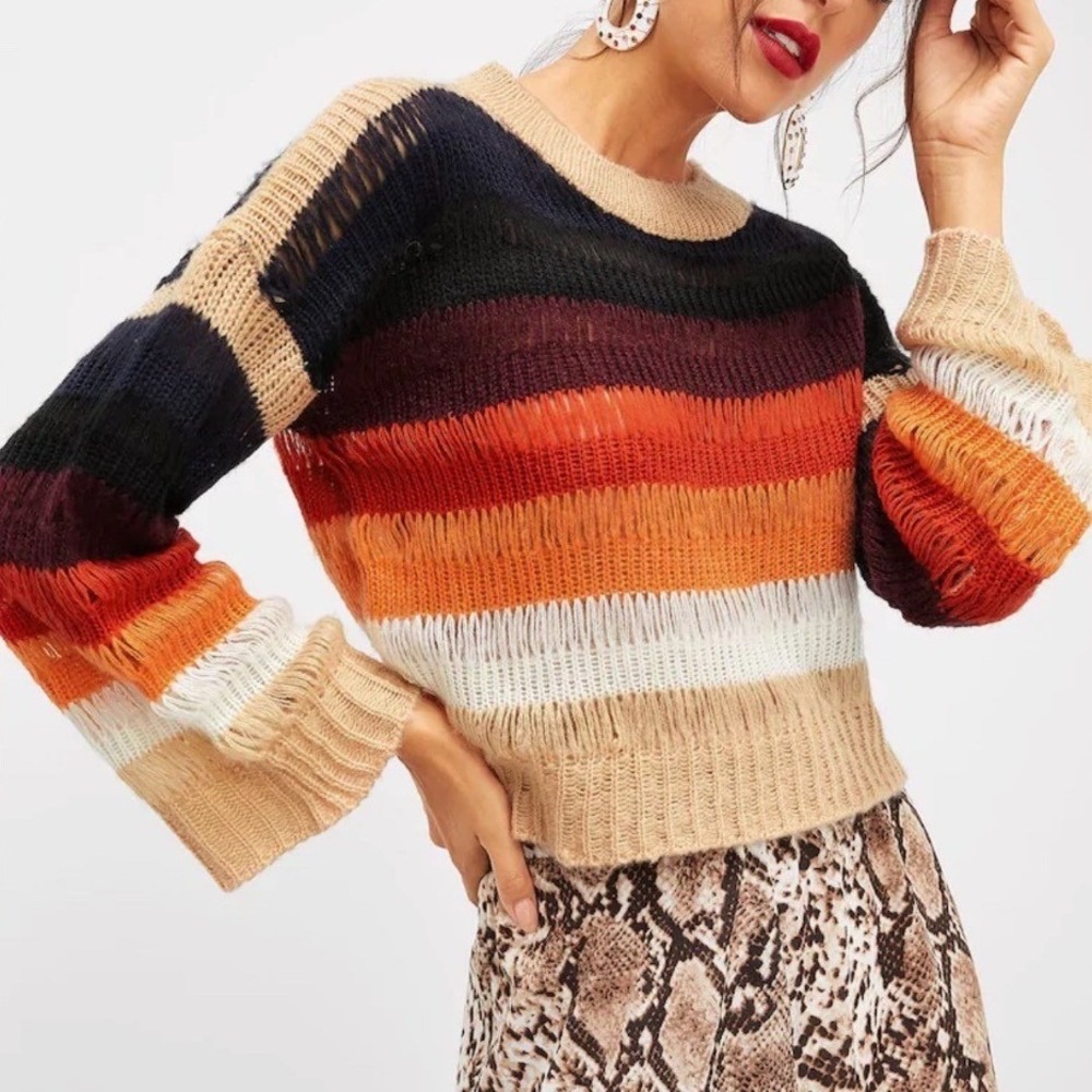 SHEIN Women Striped‎ Open Knit Ladder Stitch Sweater Multi-Color Size M